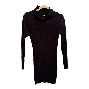 Black Ribbed Ruffle Mock Neck Sweater Dress